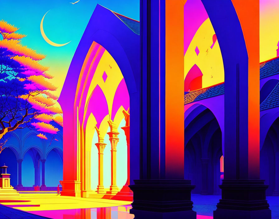 Colorful digital artwork: Fantastical structure with arches and pillars under twilight sky