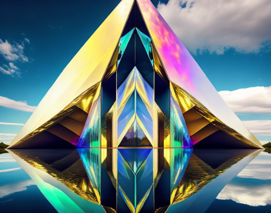 Surreal mirrored pyramid reflecting on water under blue skies