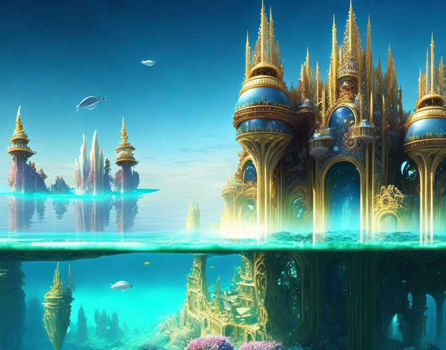 Intricate golden structures in serene underwater city