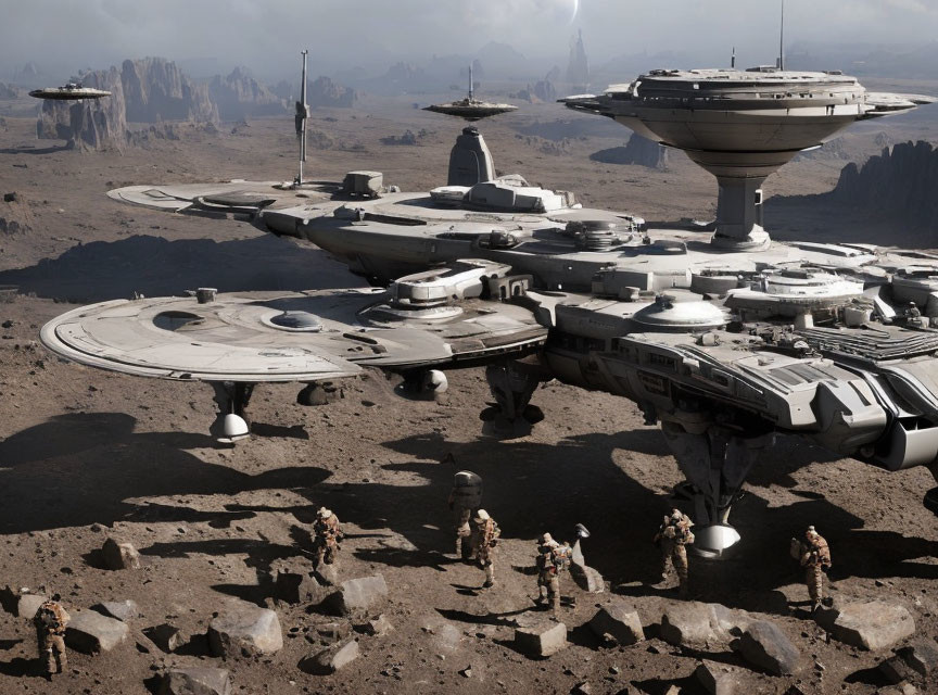 Futuristic outpost with saucer-shaped buildings on rocky terrain and people in military-like outfits.