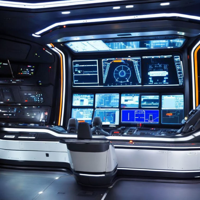 Futuristic spaceship bridge with multiple screens and illuminated control panels