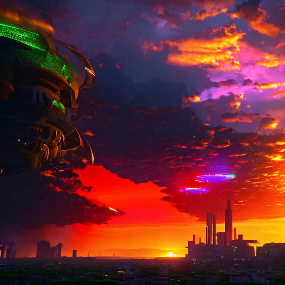 Futuristic cityscape at sunset with skyscrapers, alien spacecraft, and mountains