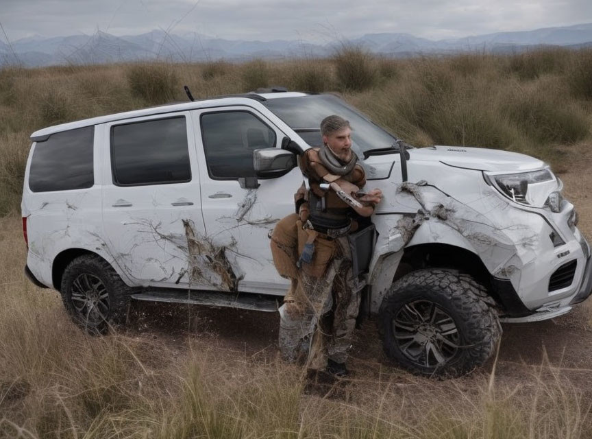 Outdoor Gear Enthusiast Exiting Mud-Splattered SUV