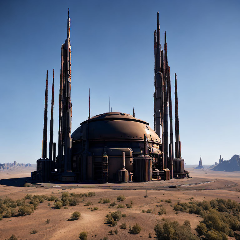 Futuristic industrial facility in desert landscape