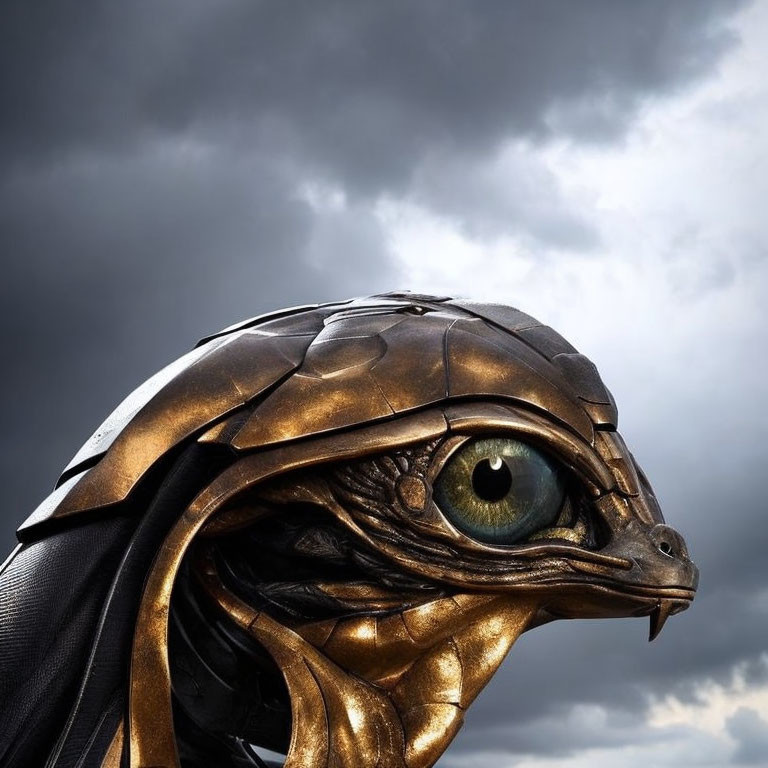 Realistic reptilian creature with metallic helmet under moody sky