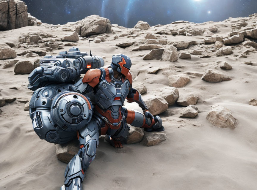 Futuristic armored soldier on rocky alien terrain with mechanical backpack