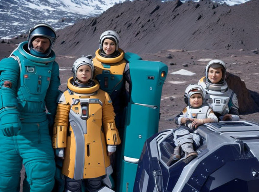 Family in futuristic space suits on Martian landscape with robot & rover