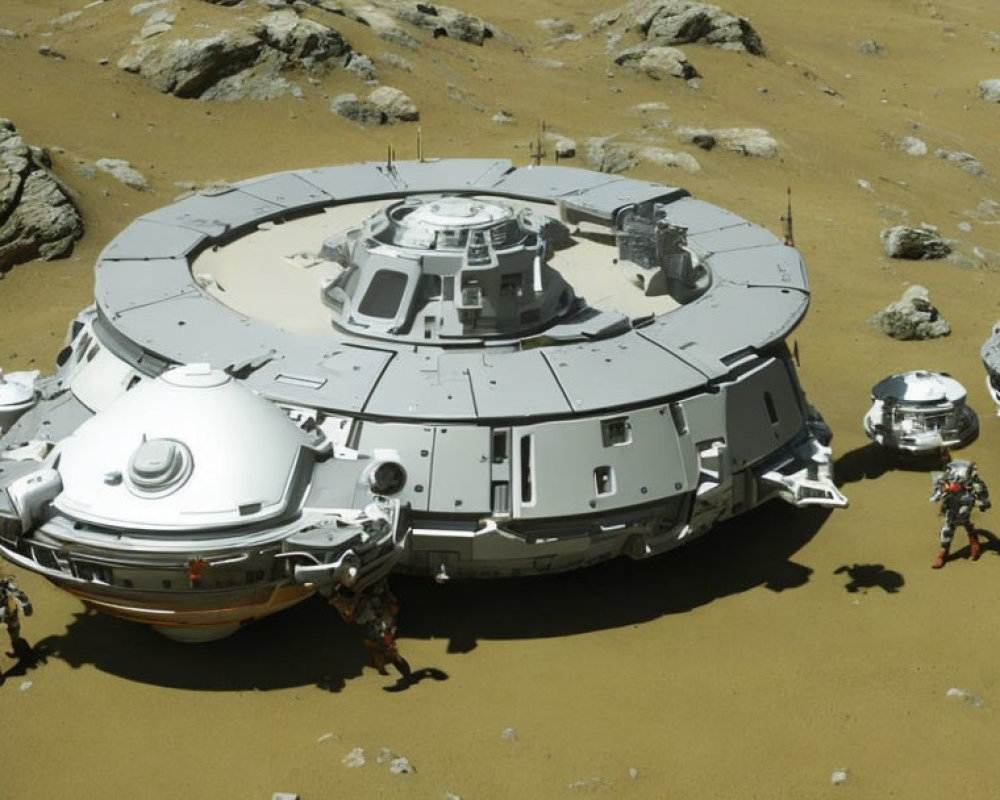 Martian Base with Domed Modules and Astronauts on Rocky Surface