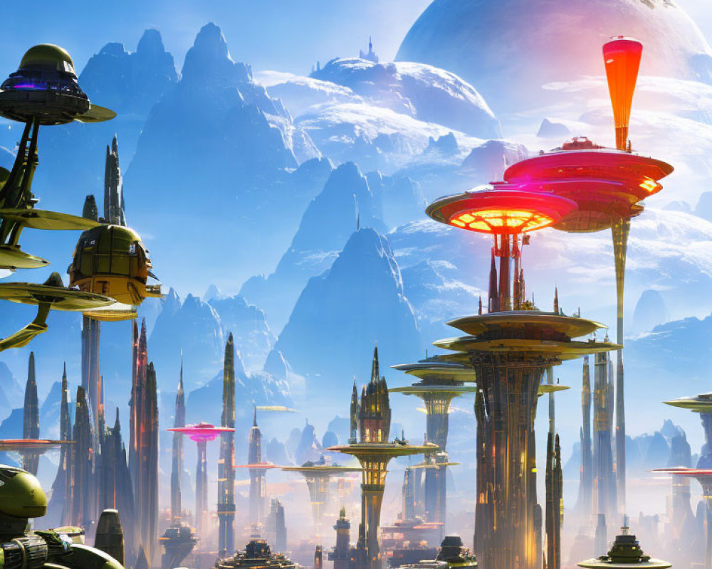 Futuristic cityscape with towering spires, flying platforms, and giant moon over snowy mountains