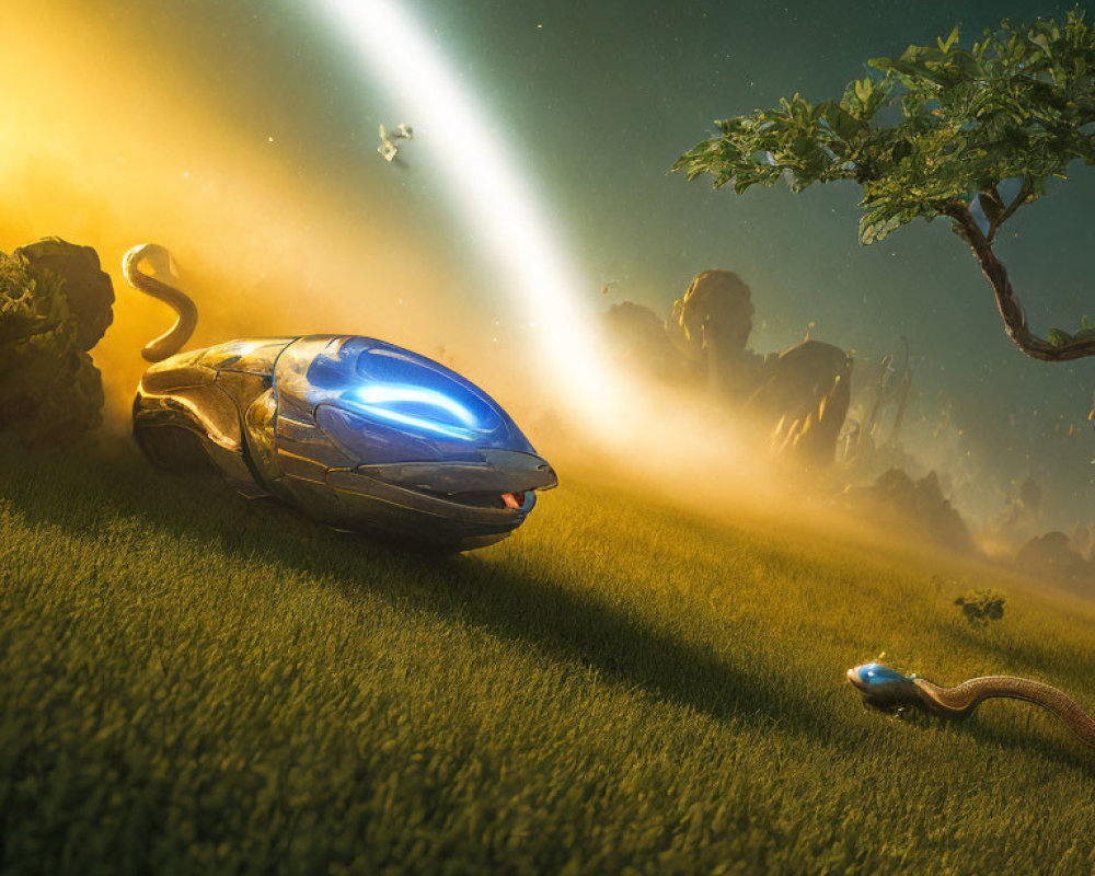 Blue Glowing Futuristic Mouse Vehicle on Grass Field with Snake and Light Beams