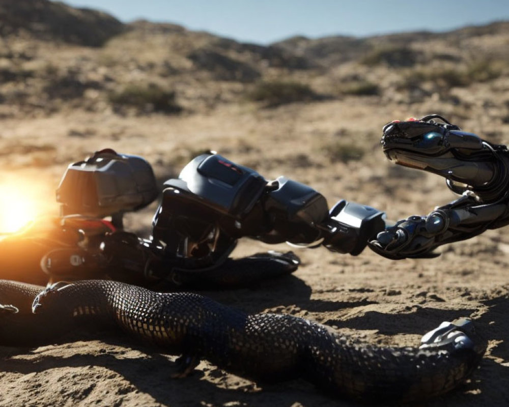 Robotic hands touch over snake in desert sunset.