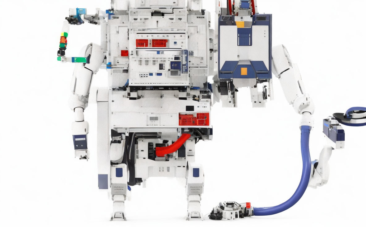 Detailed LEGO robotic mech model with articulated arms & colorful blocks