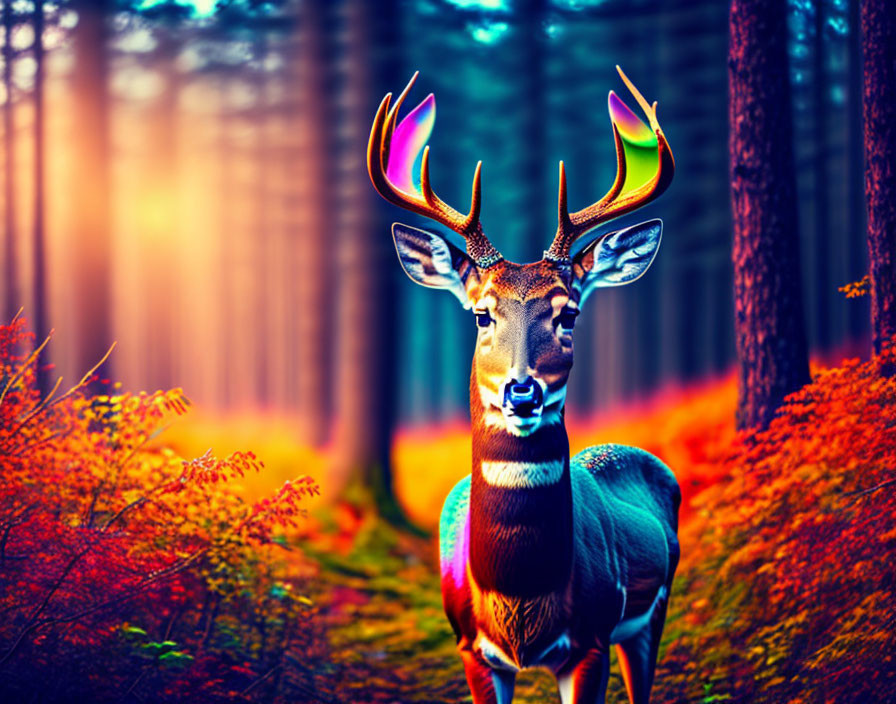 Vibrant deer with rainbow antlers in sunlit forest