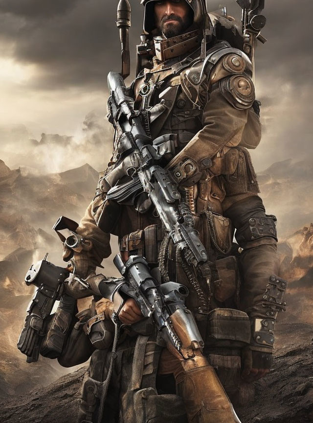 Futuristic armored figure with weapons on rocky terrain