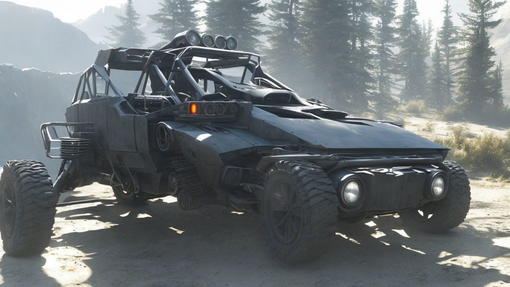 Off-road vehicle with roll cage, large tires, and extra lighting in rocky terrain