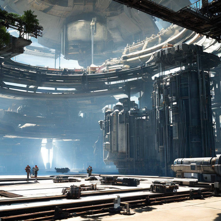 Futuristic industrial interior with towering structures and two figures standing on circular levels, bathed in natural