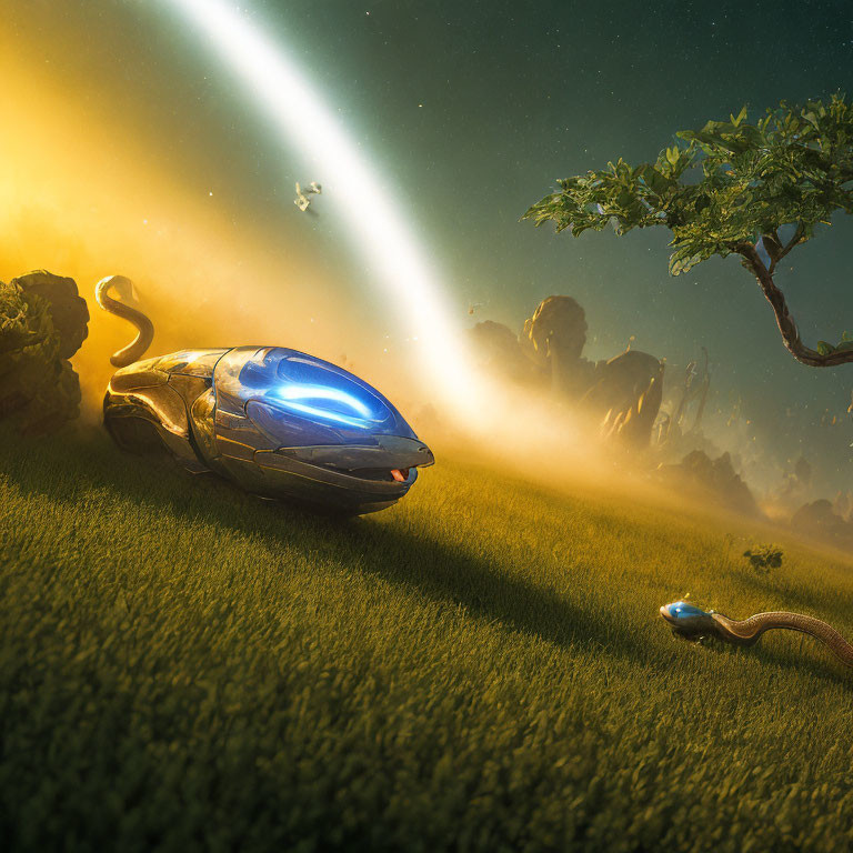 Blue Glowing Futuristic Mouse Vehicle on Grass Field with Snake and Light Beams