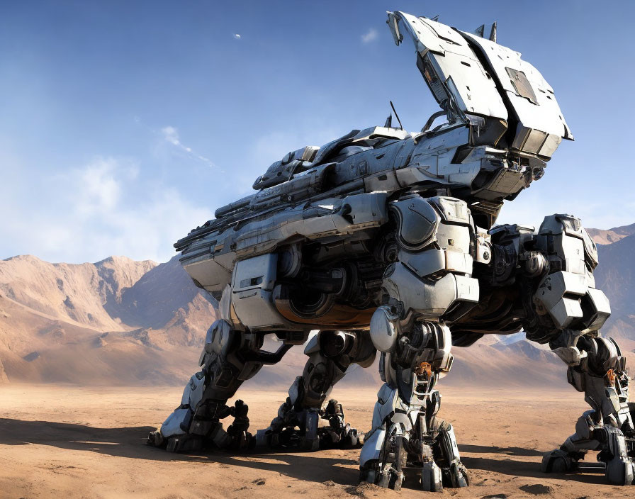 Futuristic robotic quadrupedal mech in barren desert landscape