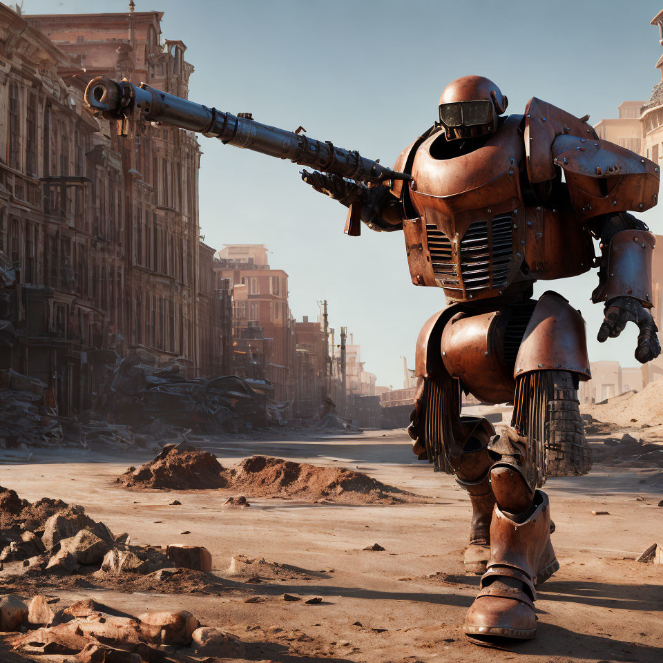 Giant worn robot with cannon arm in war-torn cityscape