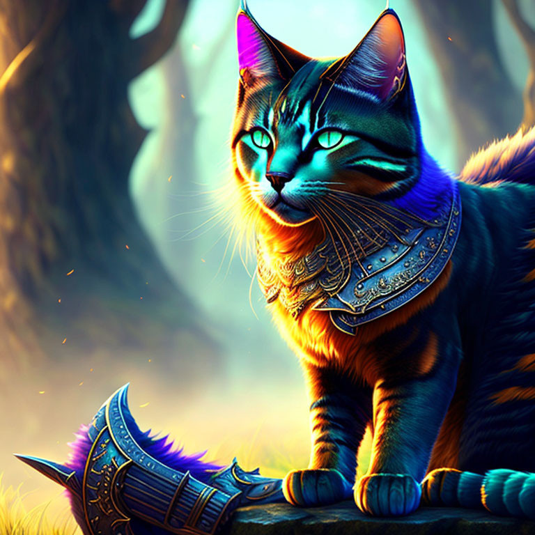 Blue-eyed cat in armor with weapon in mystical forest