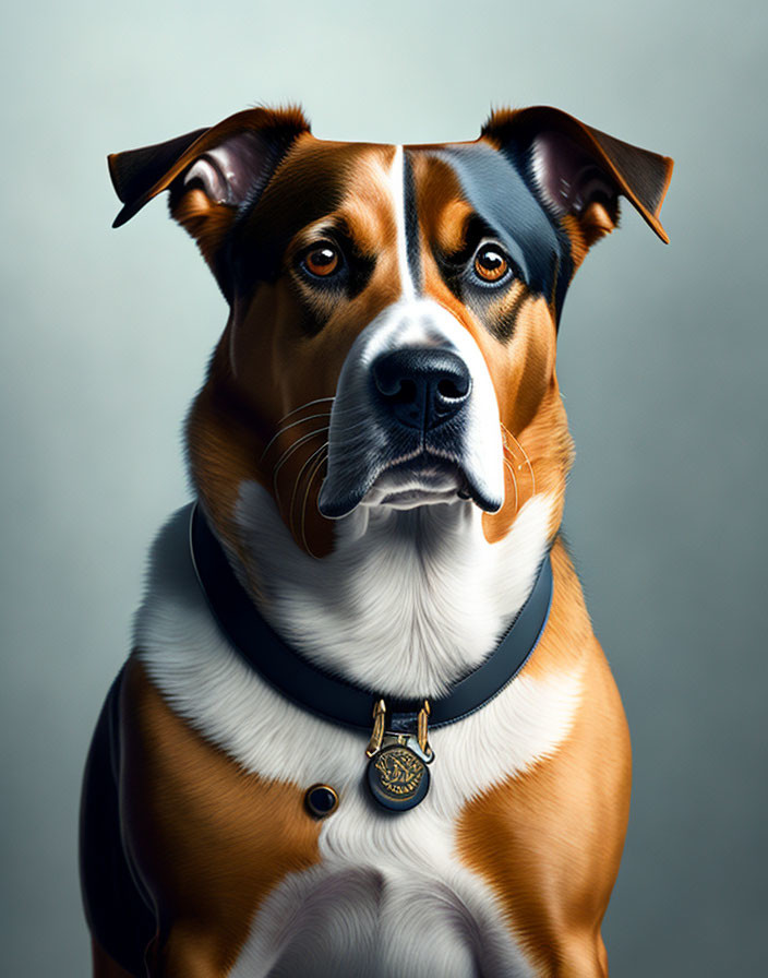 Brown and Black Marked Dog with Collar Badge on Grey Background