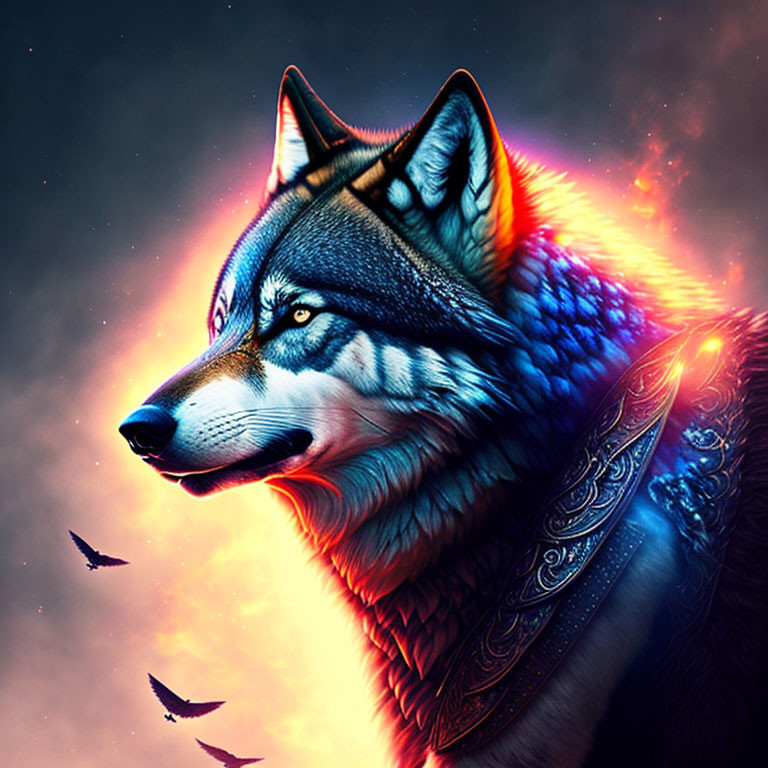 Colorful digital artwork: Wolf with cosmic background and intricate armor