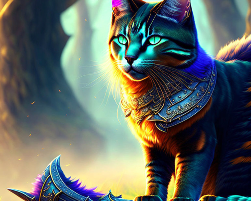 Blue-eyed cat in armor with weapon in mystical forest