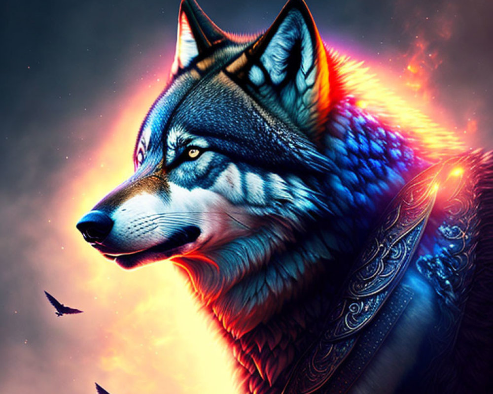 Colorful digital artwork: Wolf with cosmic background and intricate armor