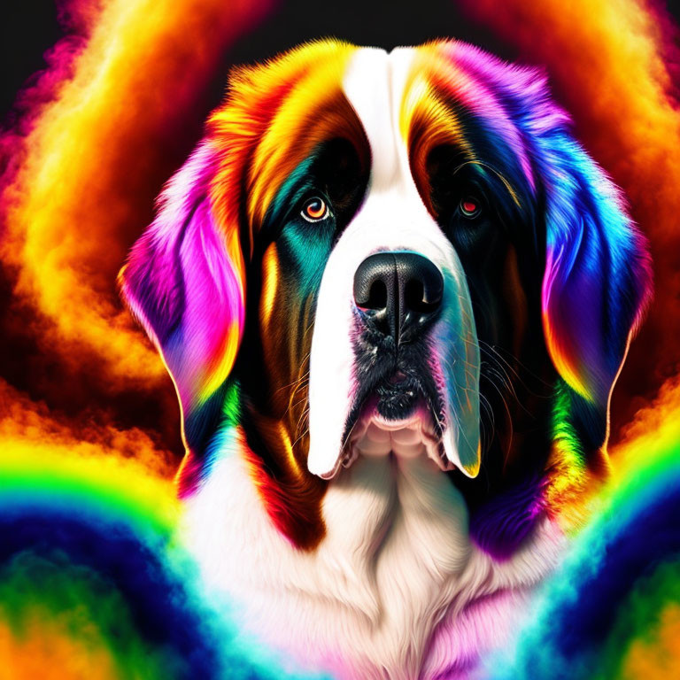 Colorful Saint Bernard Dog Portrait with Radiant Rainbow Glow