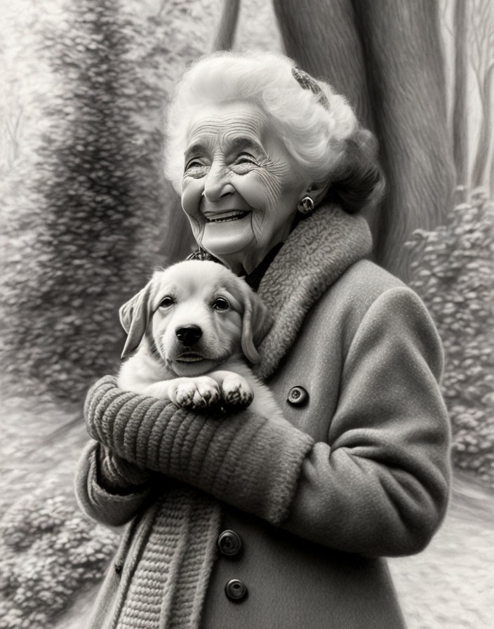 Elderly woman holding a young puppy with soft-focus trees in the background