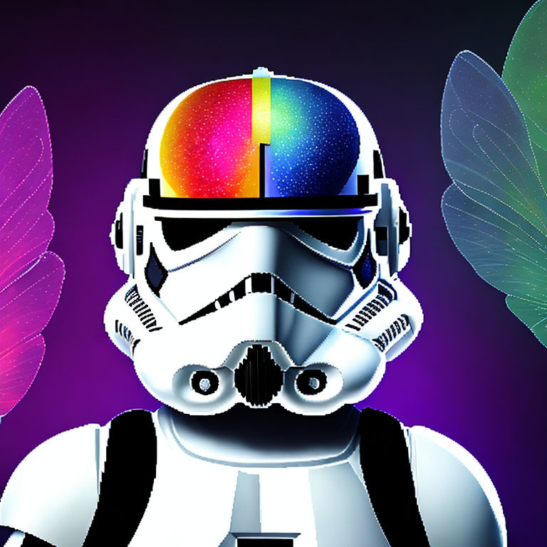 Colorful Rainbow Streak Stormtrooper Helmet Graphic with Butterfly Wings