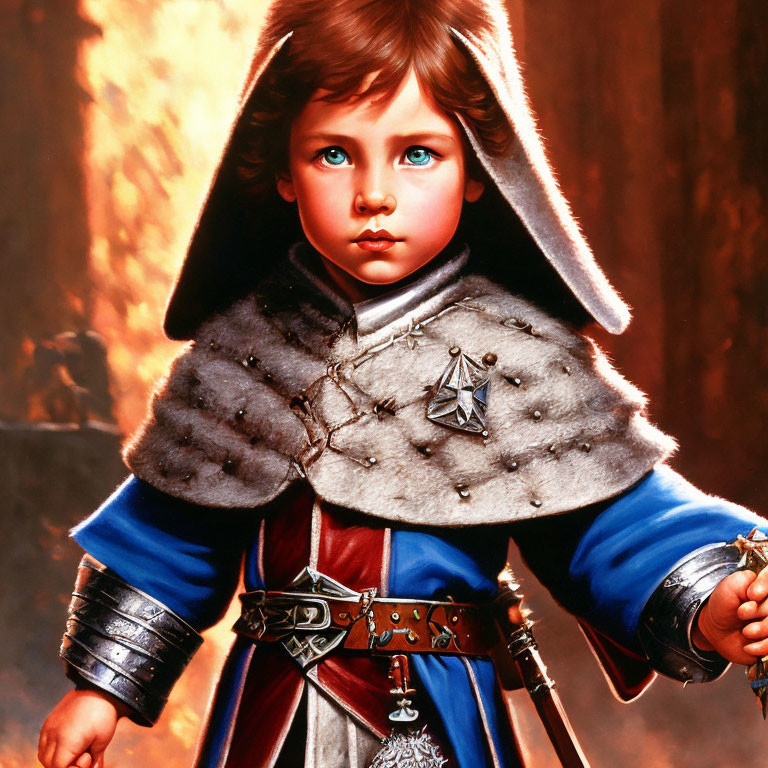 Medieval-themed painting of a child with blue eyes in fur cloak and armor holding a sword.