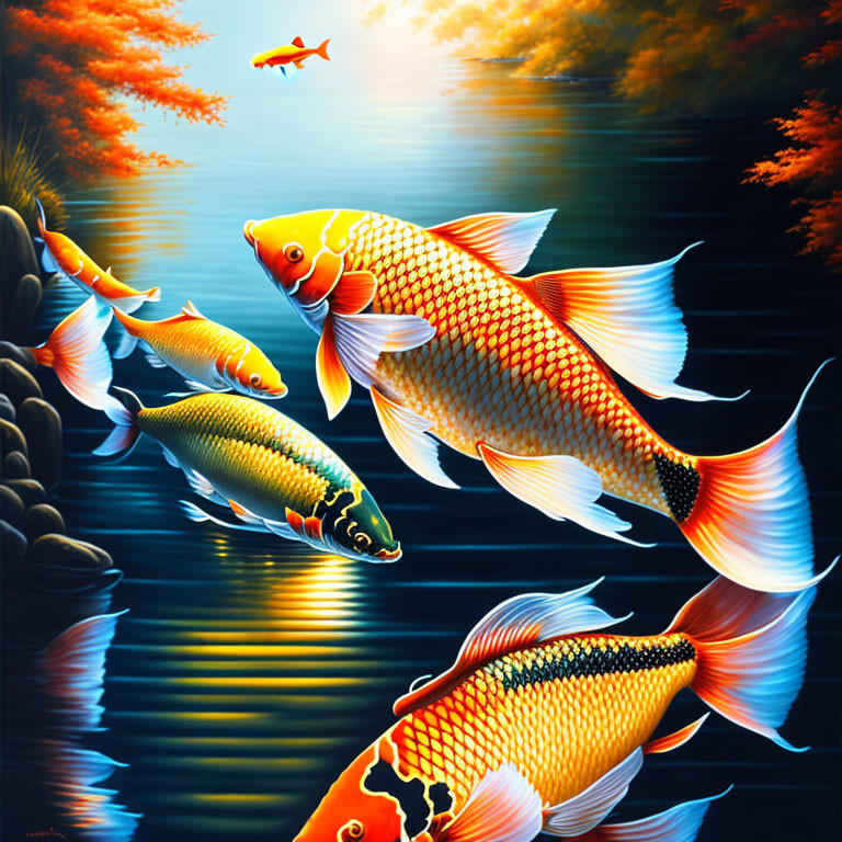 Colorful koi fish swimming in vibrant pond with fiery sunset sky.