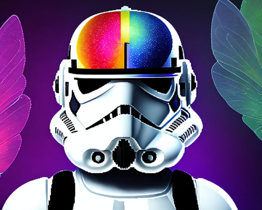 Colorful Rainbow Streak Stormtrooper Helmet Graphic with Butterfly Wings