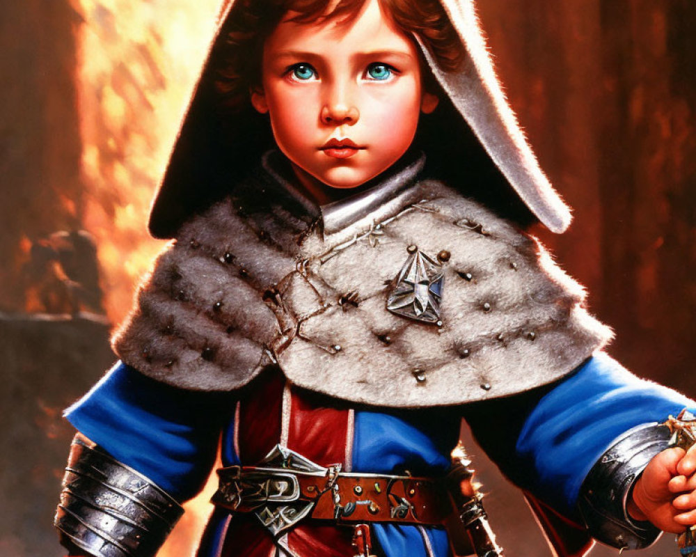 Medieval-themed painting of a child with blue eyes in fur cloak and armor holding a sword.