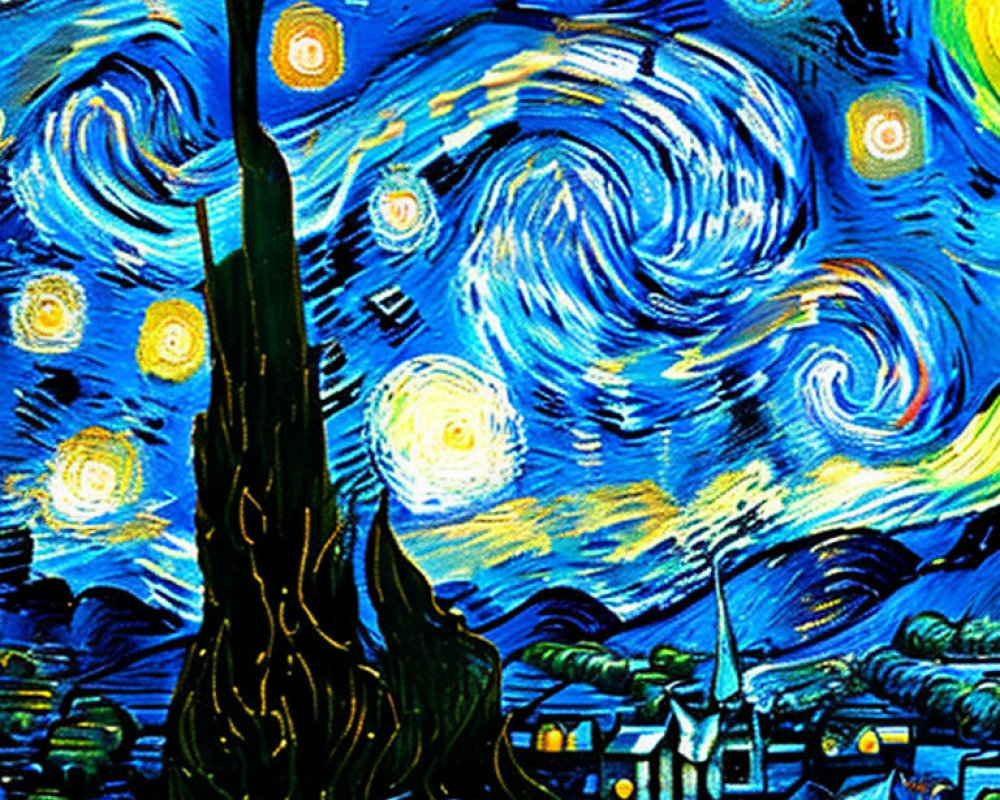 Swirling Blue and Yellow Night Sky Over Small Town with Cypress Tree