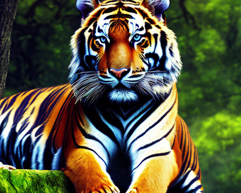 Vividly Colored Tiger with Orange and Black Stripes in Green Forest