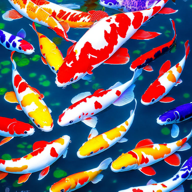 Vibrant koi fish in red, white, orange, and yellow patterns