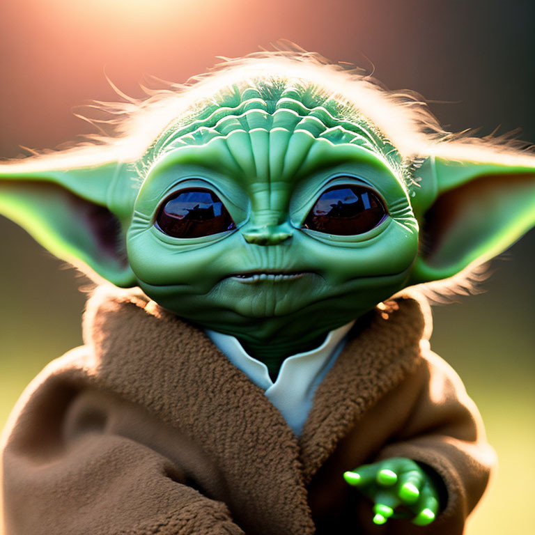 Green-skinned fictional character toy in brown robe under warm glow