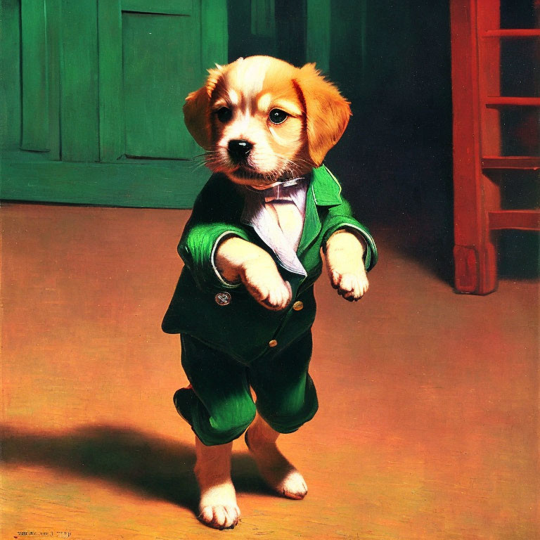 Adorable Puppy Painting in Green Suit on Wooden Floor