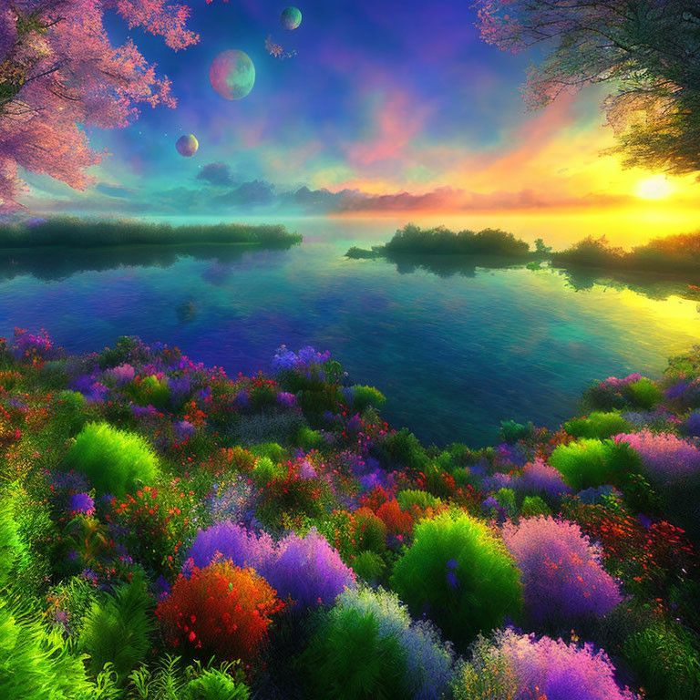 Colorful Flowers, River, Islands, Trees, Moons in Twilight Fantasy Landscape