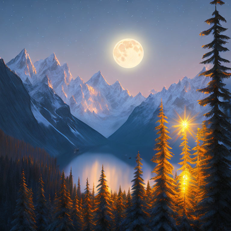 Full Moon Shining on Snow-Capped Mountains at Night