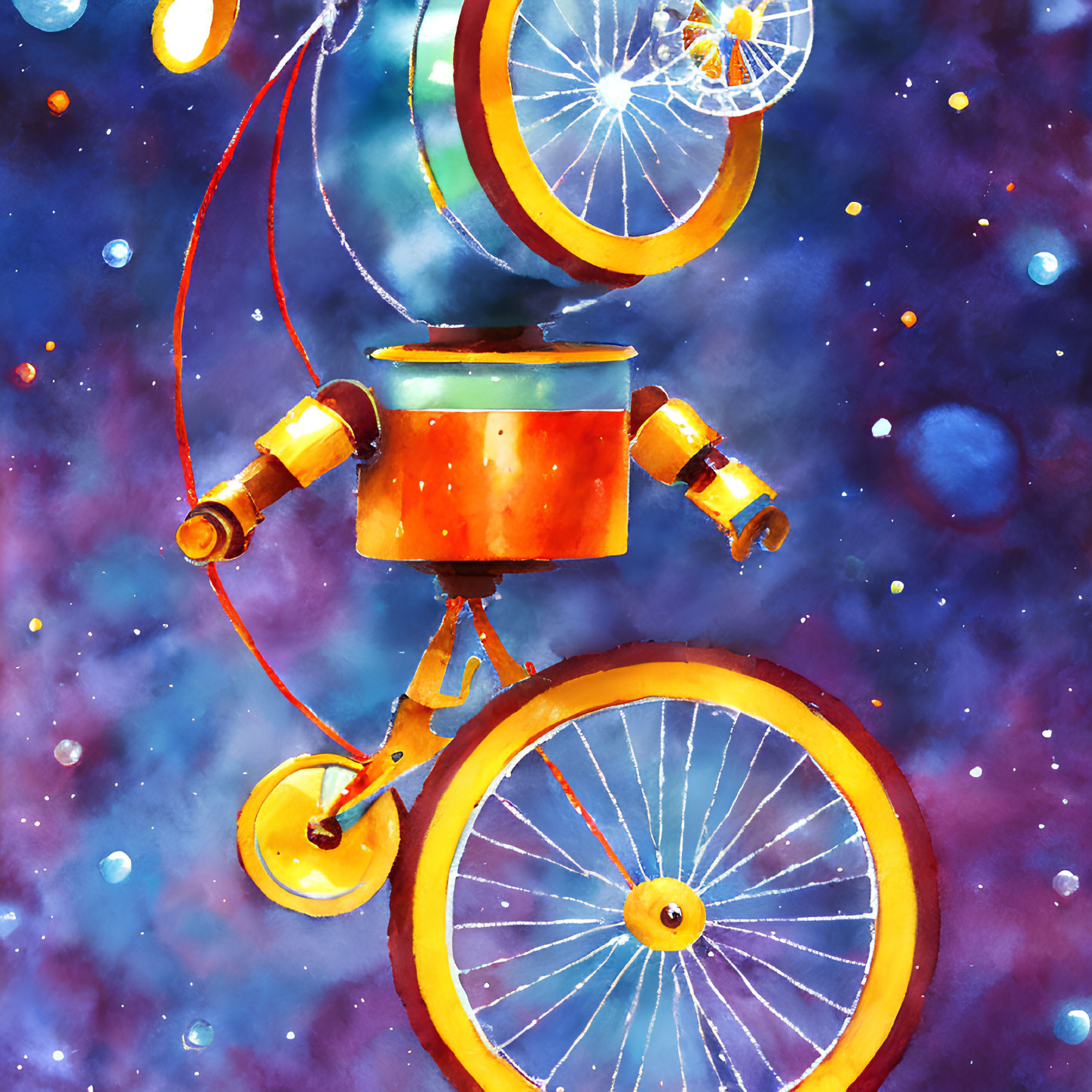 Colorful Watercolor Illustration of Abstract Bicycle-like Structure on Cosmic Background