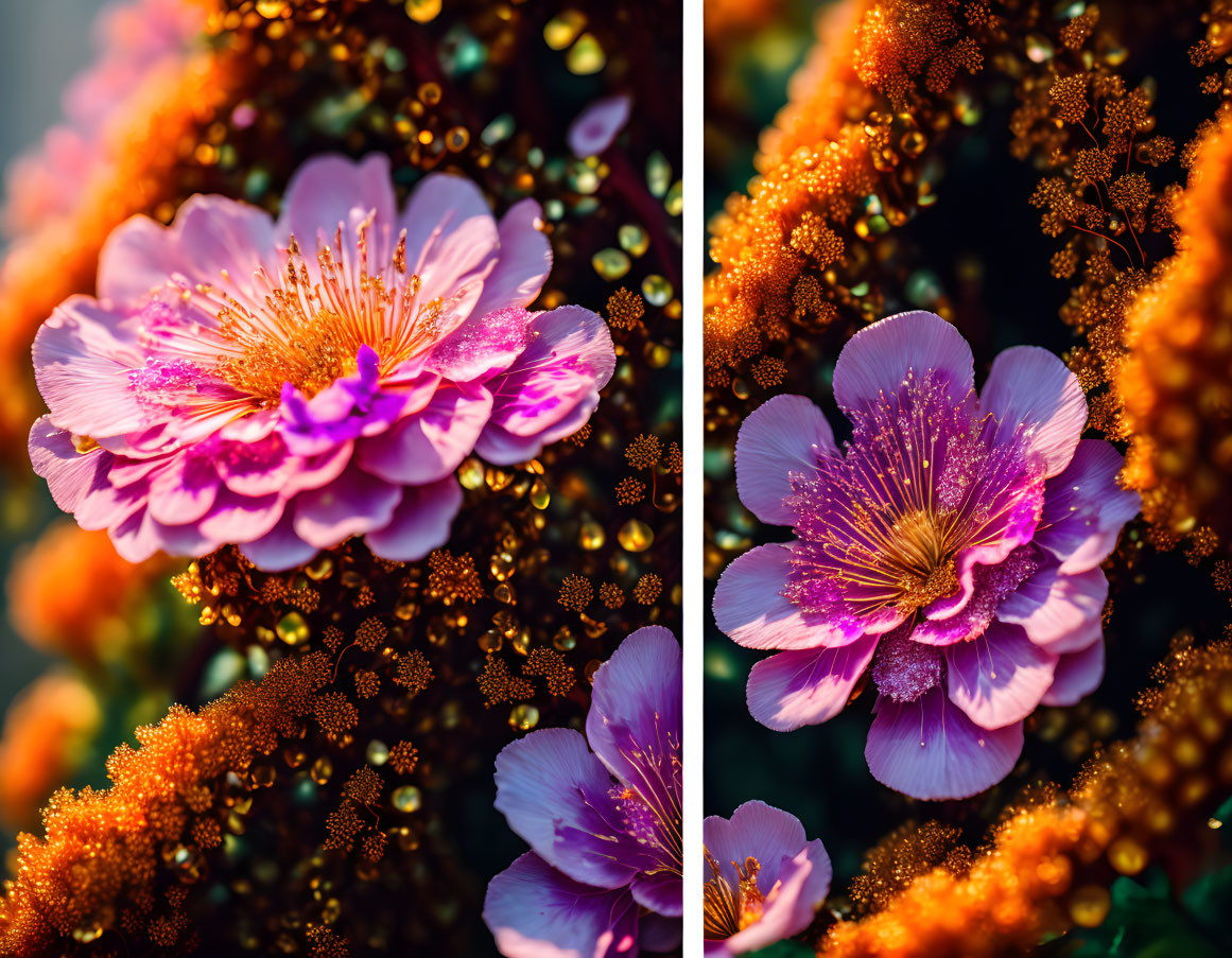 Bright pink flowers with yellow stamens and water droplets on a golden bokeh background