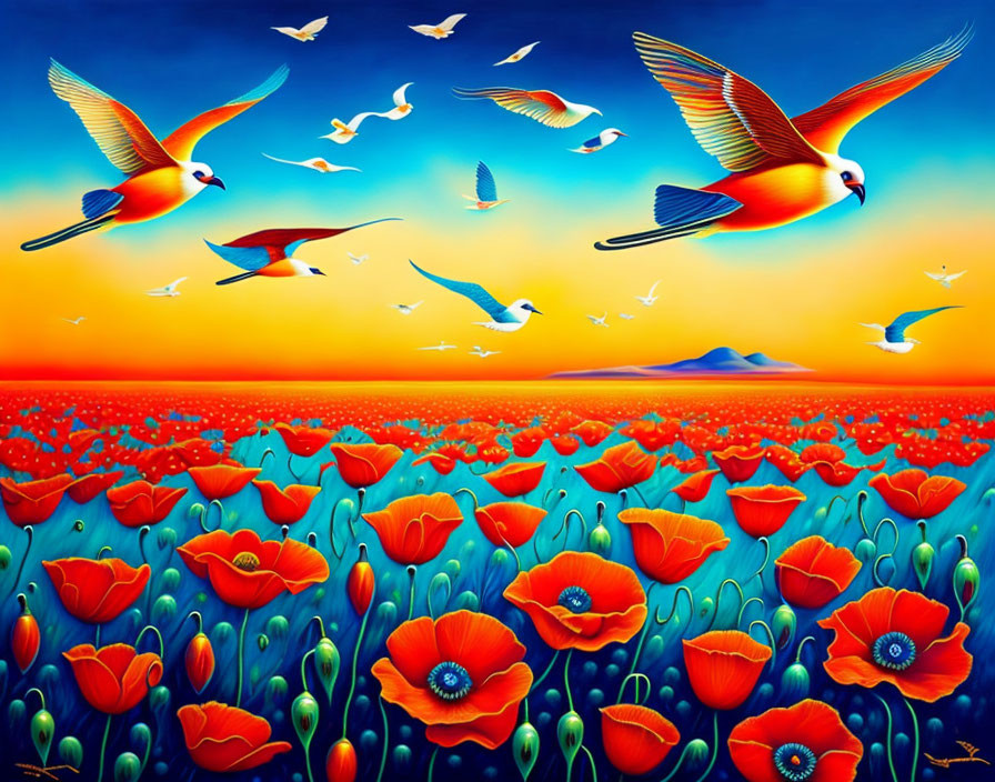 Colorful birds flying over vibrant poppy field at sunset