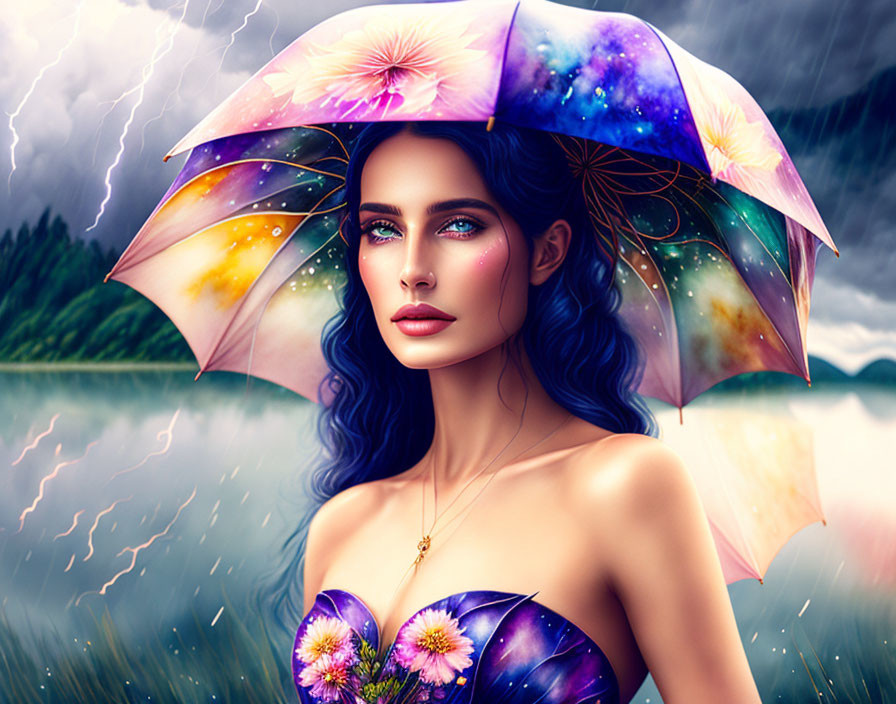 Digital artwork: Woman with blue hair and eyes holding galaxy umbrella against stormy sky and lake