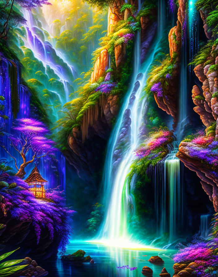 Fantasy landscape with waterfalls, luminescent river, lush foliage, and traditional pavilion