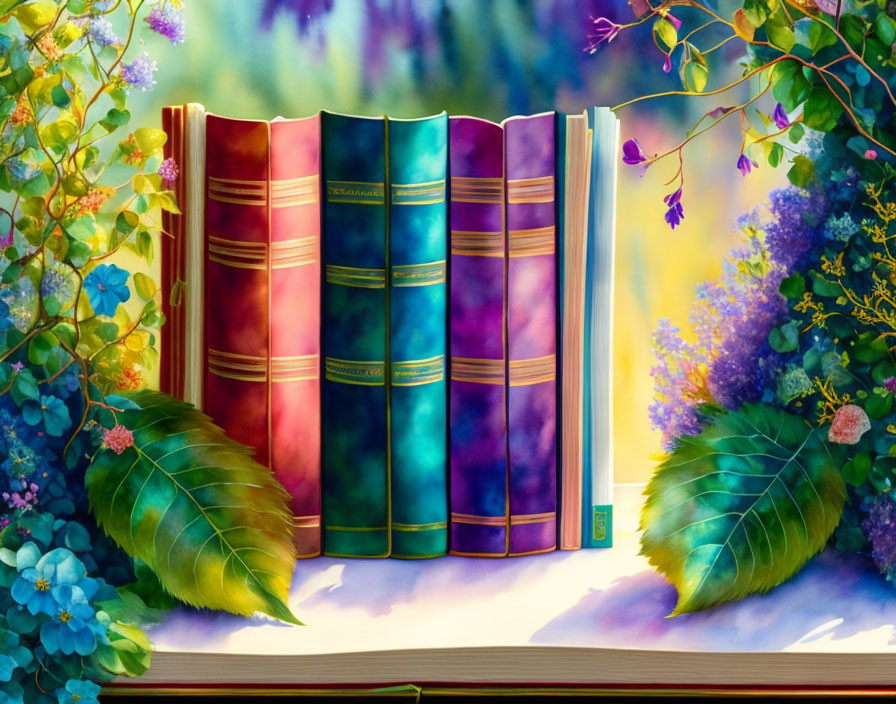 Colorful Books Among Foliage and Flowers in Vibrant Painting