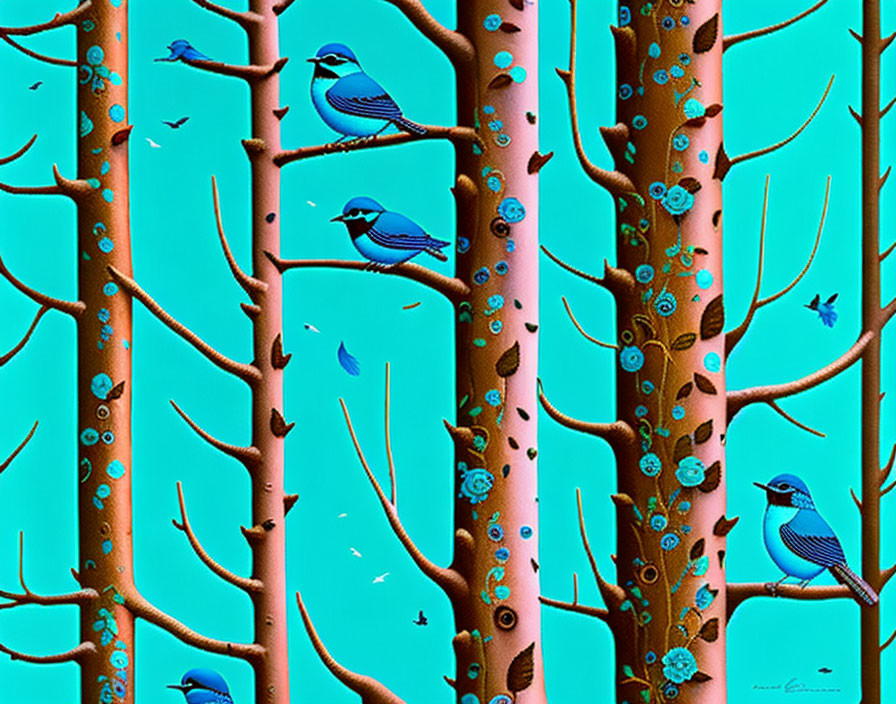 Stylized blue birds on patterned brown trees in teal background