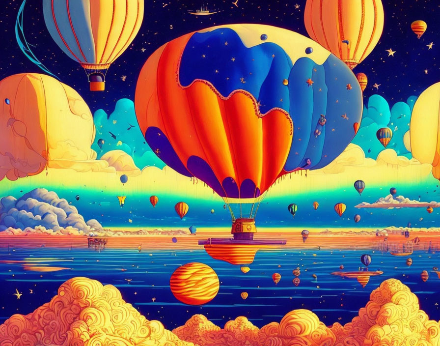 Colorful hot air balloons over orange sea at night transitioning to dawn